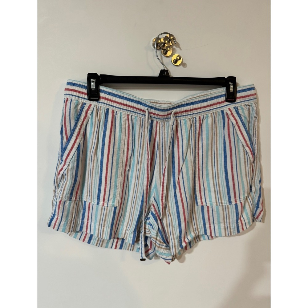 St Johns Bay Womens XL Linen Blend Striped Shorts Elastic Waist Blue Red White